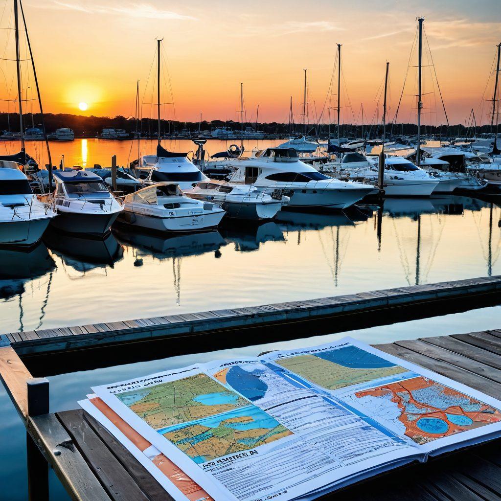 A serene marina at sunset, with a variety of luxurious yachts docked on calm waters, displaying a chart and a magnifying glass on a table to symbolize insurance guidance. A gentle breeze ruffles the pages of nautical maps, while a tranquil sky transitions from orange to deep blue. Include subtle hints of nautical elements like ropes and buoys to enhance the theme of coverage and protection. vibrant colors. super-realistic. 3D.