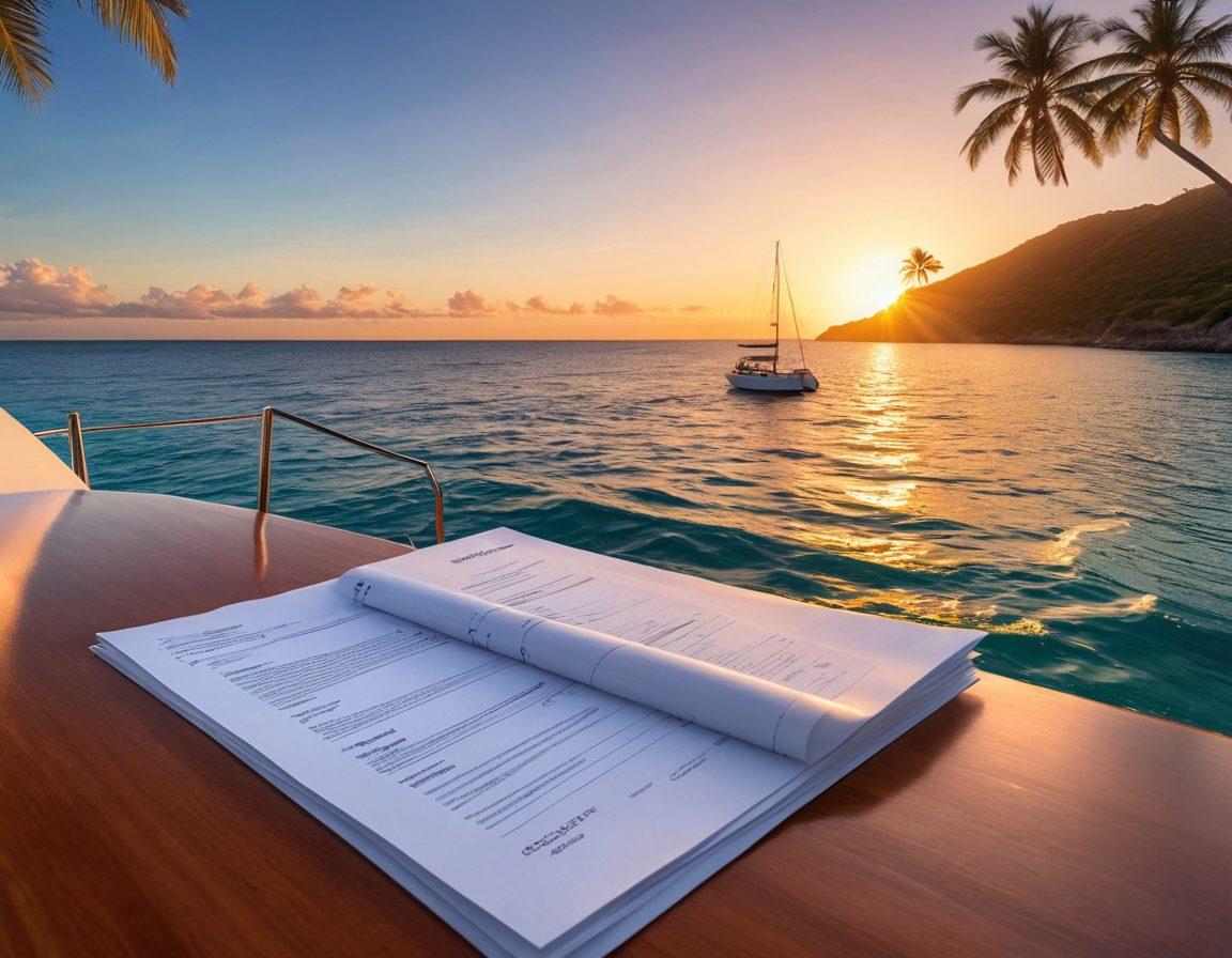 A serene scene of a luxury yacht gracefully sailing on crystal-clear blue waters, with a tranquil sunset reflecting off the waves. Include a detailed representation of various yacht insurance documents fluttering in the breeze on the deck, symbolizing peace of mind. The background features a distant shoreline with palm trees and gentle hills, enhancing the feeling of escape and security. super-realistic. vibrant colors. sunset backdrop.