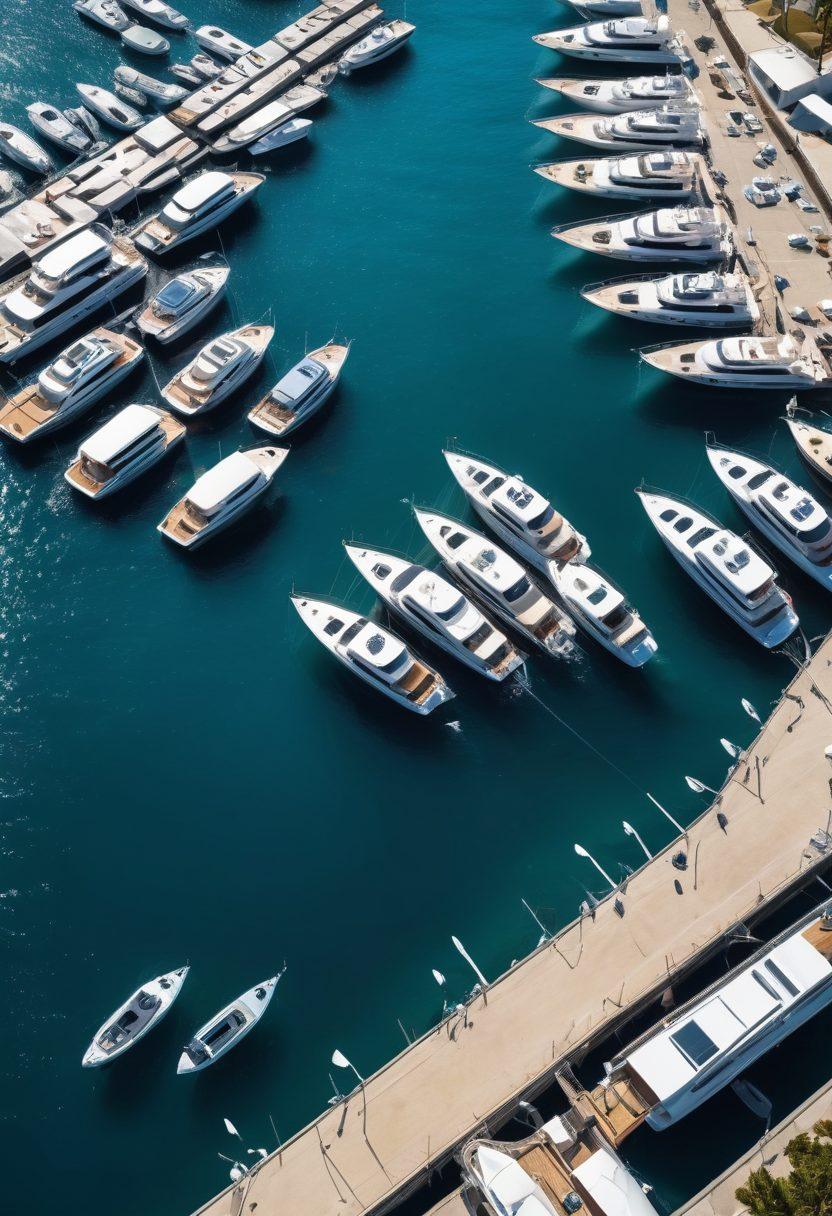 An aerial view of a busy marina with yachts and boats of various sizes, showcasing elements of risk management like safety gear, strategic positioning of vessels, and clear signage. In the background, a calm ocean under a bright blue sky reflects the importance of nautical ventures. Include a graphical overlay of charts and protection plans to conceptualize the topic. super-realistic. vibrant colors. white background.
